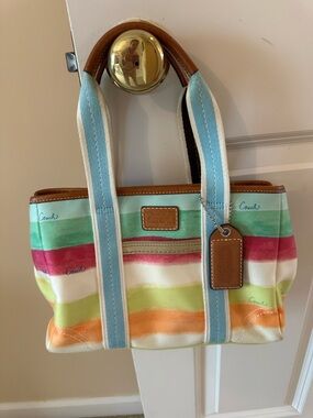 Coach Multicolor Pastel Stripe Canvas Tote with Blue Handles